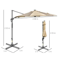 Outsunny 3m LED Square Outdoor Umbrella Adjustable Garden Umbrella w/ Base Solar Lights Khaki(m-3)