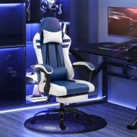Vinsetto PU Leather Gaming Chair with Headrest, Footrest, Wheels, Adjustable Height, Racing Gamer Chair, Blue White(m-10)
