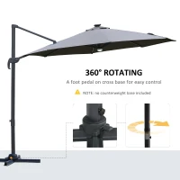 Outsunny 3(m) LED Cantilever Parasol Outdoor Sun Umbrella w/ Base Solar Lights Grey(m-6)