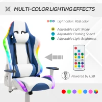 Vinsetto RGB LED Light Gaming Chair, PU Leather Thick Padding High Back Office Chair with Removable Pillows Adjustable Height 5 Wheels 360° Swivel, White Blue(m-4)