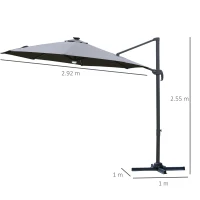 Outsunny 3(m) LED Cantilever Parasol Outdoor Sun Umbrella w/ Base Solar Lights Grey(m-3)