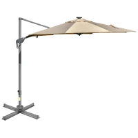 Outsunny 3m LED Square Outdoor Umbrella Adjustable Garden Umbrella w/ Base Solar Lights Khaki(m-11)