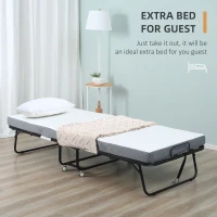 HOMCOM Folding Bed with 10cm Mattress, Portable Foldable Guest Bed with Sturdy Metal Frame on Wheels(m-4)