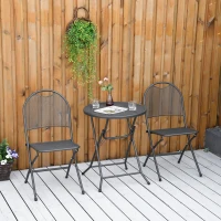 Outsunny 3 Piece Garden Bistro Set w/ Foldable Design Mesh Metal Outdoor Coffee Table Set Two Chairs Dark Grey(m-10)