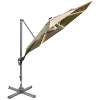 Outsunny 3m LED Square Outdoor Umbrella Adjustable Garden Umbrella w/ Base Solar Lights Khaki(m-1)