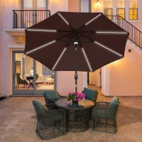 Outsunny 2.7m Garden Parasol Sun Umbrella Patio Summer Shelter w/ LED Solar Light, Angled Canopy, Vent, Crank Tilt, Coffee Brown(m-2)