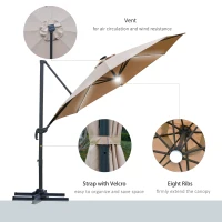 Outsunny 3(m) LED Cantilever Parasol Outdoor Sun Umbrella w/ Base Solar Lights Brown(m-7)