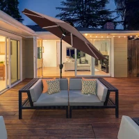 Outsunny 2.7m Garden Parasol Sun Umbrella Patio Summer Shelter w/ LED Solar Light, Angled Canopy, Vent, Crank Tilt, Coffee Brown(m-10)