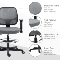 Vinsetto Drafting Chair, Fabric Office Chair, Ergonomic Painting Chair with Height Armrest Adjustable and Foot Ring, 360° Swivel Stool Chair for Standing Desk, Grey(m-7)
