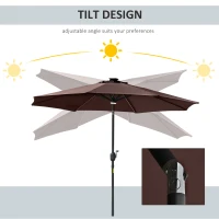 Outsunny 2.7m Garden Parasol Sun Umbrella Patio Summer Shelter w/ LED Solar Light, Angled Canopy, Vent, Crank Tilt, Coffee Brown(m-5)