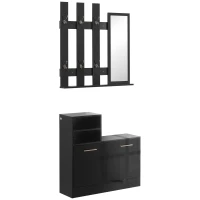 HOMCOM Set cu Finisaj Lucios Intens pentru Holul de la Intrare cu Oglinda și Dulap de Depozitare Pantofi cu Ușă Rabatabilă, Cuier Modern de Perete, Negru(m-1)