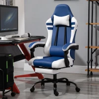 Vinsetto PU Leather Gaming Chair with Headrest, Footrest, Wheels, Adjustable Height, Racing Gamer Chair, Blue White(m-2)