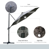 Outsunny 3(m) LED Cantilever Parasol Outdoor Sun Umbrella w/ Base Solar Lights Grey(m-8)