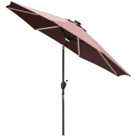 Outsunny 2.7m Garden Parasol Sun Umbrella Patio Summer Shelter w/ LED Solar Light, Angled Canopy, Vent, Crank Tilt, Coffee Brown(m-1)