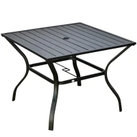 Outsunny 94 x 94 cm Garden Table with Parasol Hole, Outdoor Dining Garden Table for Four with Slatted Metal Plate Top, Black(m-1)