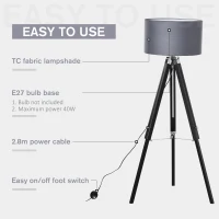 HOMCOM Modern Tripod Floor Lamps for Living Room with Fabric Lampshade, Standing Lamp for Bedroom Bulb not Included, Grey and Black(m-7)