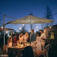 Outsunny 3m LED Square Outdoor Umbrella Adjustable Garden Umbrella w/ Base Solar Lights Khaki(m-2)