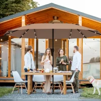 Outsunny Garden Parasol 4.4m Double-Sided Sun Umbrella Patio Parasol LED Solar Lights Khaki(m-2)