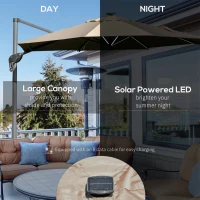 Outsunny 3m LED Square Outdoor Umbrella Adjustable Garden Umbrella w/ Base Solar Lights Khaki(m-7)