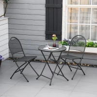 Outsunny 3 Piece Garden Bistro Set w/ Foldable Design Mesh Metal Outdoor Coffee Table Set Two Chairs Dark Grey(m-2)