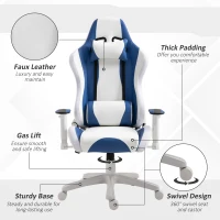 Vinsetto RGB LED Light Gaming Chair, PU Leather Thick Padding High Back Office Chair with Removable Pillows Adjustable Height 5 Wheels 360° Swivel, White Blue(m-7)