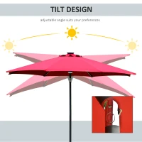 Outsunny 2.7m Garden Parasol Sun Umbrella w/ LED Solar Light Angled Canopy Red(m-5)