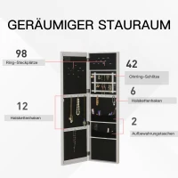 HOMCOM LED Schmuckschrank Aufhängbarer 2 in 1 Schmuckregal Spiegelschrank Türmontage MDF Weiß 36,6 x 8 x 120 cm(m-4)