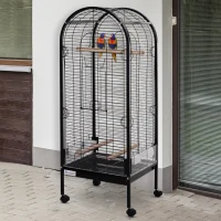 PawHut Gaiola para Pássaros com 3 Poleiros de Madeira Amovíveis Bandeja Comedouros e Rodas com Travão 54x54x151 cm Preto(m-12)