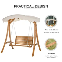Outsunny 2 Seat Wooden Swing Chair Wood Swing Bench Chair With Canopy and Cup Holder for Patio Garden(m-5)