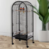 PawHut Gaiola para Pássaros com 3 Poleiros de Madeira Amovíveis Bandeja Comedouros e Rodas com Travão 54x54x151 cm Preto(m-2)