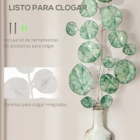 HOMCOM Decoración de Pared de Metal 3D con Planta con Jarrón Adorno de Pared Metálico para Salón 18x56 cm Verde y Plata(m-5)