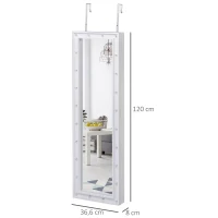 HOMCOM LED Schmuckschrank Aufhängbarer 2 in 1 Schmuckregal Spiegelschrank Türmontage MDF Weiß 36,6 x 8 x 120 cm(m-3)