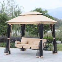 Outsunny 3 Seater Swing Chair 3-in-1 Convertible Garden Swing Seat Bed Gazebo Patio Bench Outdoor with Double Tier Canopy, Cushioned Seat, Mesh Sidewalls, Beige(m-2)