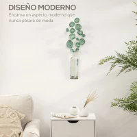 HOMCOM Decoración de Pared de Metal 3D con Planta con Jarrón Adorno de Pared Metálico para Salón 18x56 cm Verde y Plata(m-4)