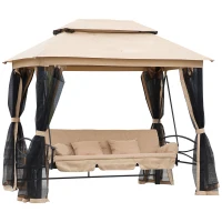 Outsunny 3 Seater Swing Chair 3-in-1 Convertible Garden Swing Seat Bed Gazebo Patio Bench Outdoor with Double Tier Canopy, Cushioned Seat, Mesh Sidewalls, Beige(m-1)