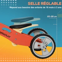 AIYAPLAY Draisienne tricycle vélo d'équilibre en bois 2 en 1 sans pédale pour enfants + 18 mois avec siège réglable 22-26 cm - rouge(m-5)
