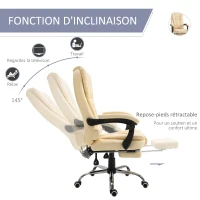 Vinsetto Fauteuil de bureau fauteuil manager grand confort dossier inclinable roulettes P.U 65 x 69 x 127 cm crème(m-5)