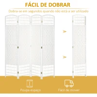 HOMCOM Biombo de 4 Painéis Dobrável Separador de Ambientes de Corda de Papel e Estrutura de Madeira 60x170 cm Branco(m-4)