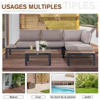 Outsunny Ensemble Salon de Jardin d'angle Design Contemporain 5 Places Coussins Marron Table Basse alu. Noir et Imitation Bois(m-7)