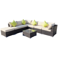 Outsunny 8 Pieces PE Rattan Corner Sofa Set with Thick Cushions, Aluminium Outdoor Rattan Garden Furniture Set with Glass Top Table, No Assembly Required, Mixed Brown