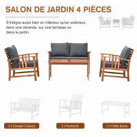 Outsunny Salon de Jardin 4 pers. 4 pièces Style Colonial Coussins Grand Confort Inclus Polyester Gris foncé Bois Acacia(m-5)