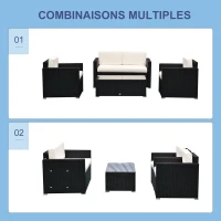 Outsunny Ensemble Salon de Jardin 4 Places Grand Confort Table Basse Plateau Verre trempé résine tressée Noir Coussins crème(m-6)