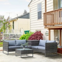 Outsunny 4 PCs Garden Rattan Wicker Outdoor Furniture Patio Corner Sofa Love Seat and Table Set with Cushions Side Desk Storage - Mixed Grey(m-12)