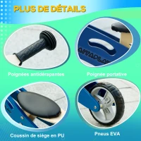 AIYAPLAY Draisienne tricycle vélo d'équilibre en bois 2 en 1 sans pédale pour enfants + 18 mois avec siège réglable 22-26 cm - bleu(m-7)