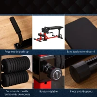 HOMCOM Machine à squats 3 en 1 appareil à abdominaux et dos équipement de fitness sit-up pompes hauteur réglable 6 positions banc inclinable amovible acier 100 x 58 x 46 cm rouge et noir(m-6)