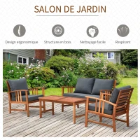 Outsunny Salon de Jardin 4 pers. 4 pièces Style Colonial Coussins Grand Confort Inclus Polyester Gris foncé Bois Acacia(m-4)