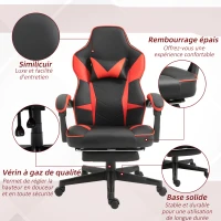 Vinsetto Fauteuil gaming gamer chaise de bureau ergonomique pivotante 360 ° hauteur dossier réglables repos-pieds rétractable 68 x 68 x 126 cm noir rouge(m-7)