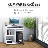 HOMCOM Schreibtisch mit Rollen 80 x 48 cm Computertisch Bürotisch mit Monitorständer, Tastaturablage, Ablage, PC Tisch für Home Office, Schlafzimmer Weiß(m-6)