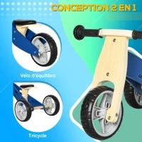 AIYAPLAY Draisienne tricycle vélo d'équilibre en bois 2 en 1 sans pédale pour enfants + 18 mois avec siège réglable 22-26 cm - bleu(m-4)