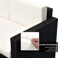 Outsunny Ensemble Salon de Jardin 4 Places Grand Confort Table Basse Plateau Verre trempé résine tressée Noir Coussins crème(m-8)